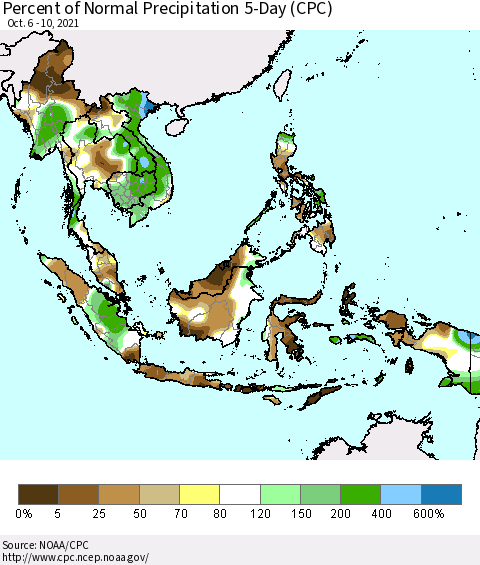 South East Asia Percent of Normal Precipitation 5-Day (CPC) Thematic Map For 10/6/2021 - 10/10/2021