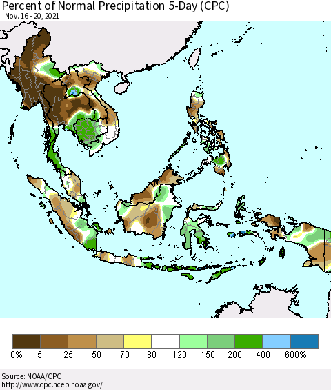 South East Asia Percent of Normal Precipitation 5-Day (CPC) Thematic Map For 11/16/2021 - 11/20/2021