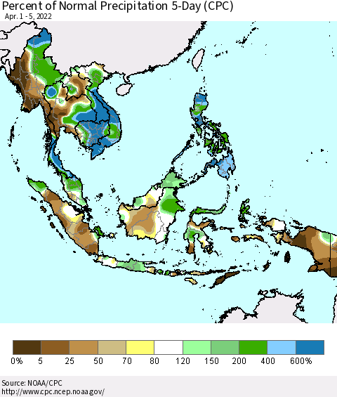 South East Asia Percent of Normal Precipitation 5-Day (CPC) Thematic Map For 4/1/2022 - 4/5/2022