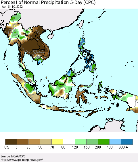South East Asia Percent of Normal Precipitation 5-Day (CPC) Thematic Map For 4/6/2022 - 4/10/2022