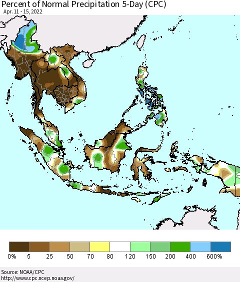 South East Asia Percent of Normal Precipitation 5-Day (CPC) Thematic Map For 4/11/2022 - 4/15/2022