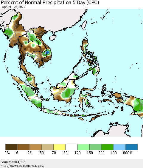 South East Asia Percent of Normal Precipitation 5-Day (CPC) Thematic Map For 4/21/2022 - 4/25/2022