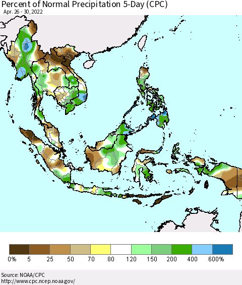 South East Asia Percent of Normal Precipitation 5-Day (CPC) Thematic Map For 4/26/2022 - 4/30/2022