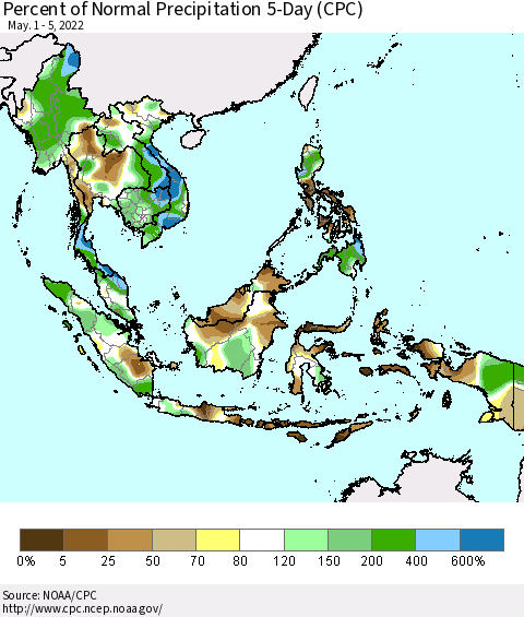 South East Asia Percent of Normal Precipitation 5-Day (CPC) Thematic Map For 5/1/2022 - 5/5/2022