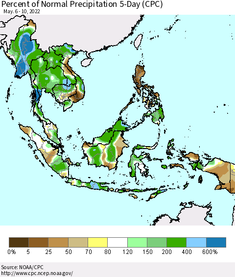 South East Asia Percent of Normal Precipitation 5-Day (CPC) Thematic Map For 5/6/2022 - 5/10/2022