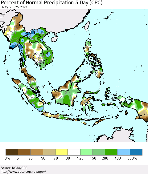 South East Asia Percent of Normal Precipitation 5-Day (CPC) Thematic Map For 5/21/2022 - 5/25/2022