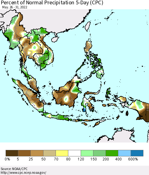 South East Asia Percent of Normal Precipitation 5-Day (CPC) Thematic Map For 5/26/2022 - 5/31/2022