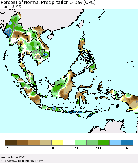 South East Asia Percent of Normal Precipitation 5-Day (CPC) Thematic Map For 6/1/2022 - 6/5/2022