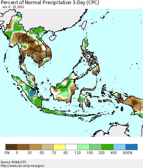 South East Asia Percent of Normal Precipitation 5-Day (CPC) Thematic Map For 6/6/2022 - 6/10/2022
