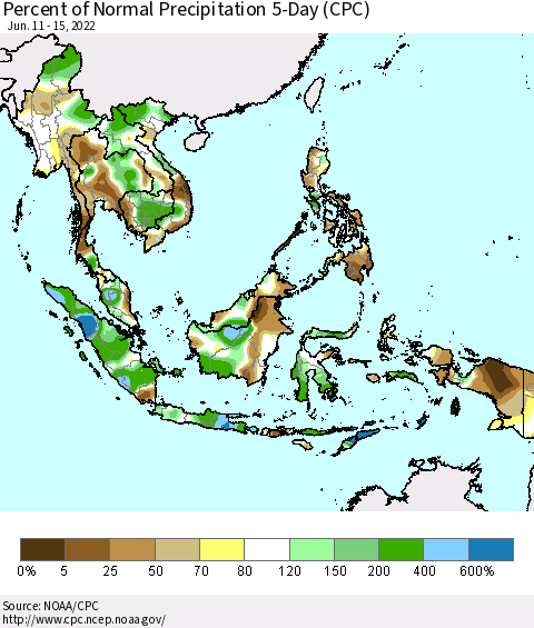South East Asia Percent of Normal Precipitation 5-Day (CPC) Thematic Map For 6/11/2022 - 6/15/2022