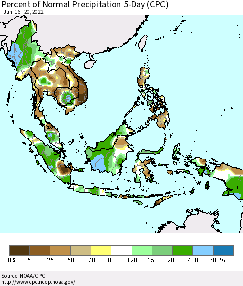 South East Asia Percent of Normal Precipitation 5-Day (CPC) Thematic Map For 6/16/2022 - 6/20/2022
