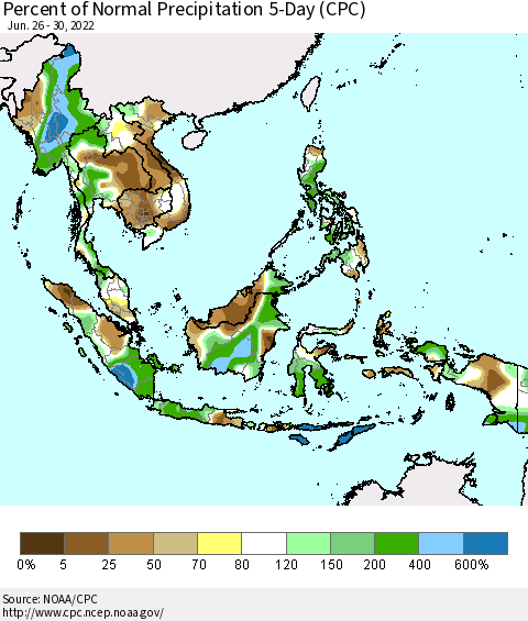 South East Asia Percent of Normal Precipitation 5-Day (CPC) Thematic Map For 6/26/2022 - 6/30/2022