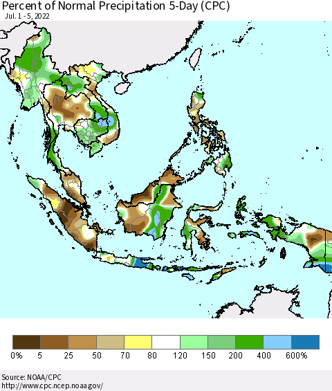 South East Asia Percent of Normal Precipitation 5-Day (CPC) Thematic Map For 7/1/2022 - 7/5/2022