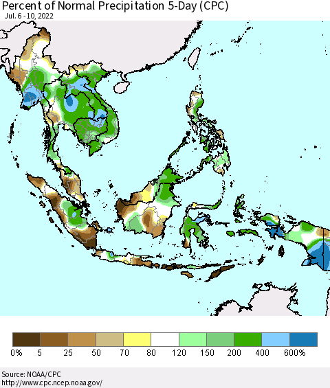 South East Asia Percent of Normal Precipitation 5-Day (CPC) Thematic Map For 7/6/2022 - 7/10/2022