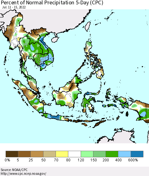 South East Asia Percent of Normal Precipitation 5-Day (CPC) Thematic Map For 7/11/2022 - 7/15/2022