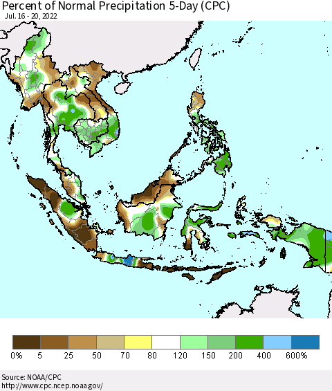 South East Asia Percent of Normal Precipitation 5-Day (CPC) Thematic Map For 7/16/2022 - 7/20/2022