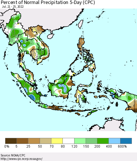 South East Asia Percent of Normal Precipitation 5-Day (CPC) Thematic Map For 7/21/2022 - 7/25/2022