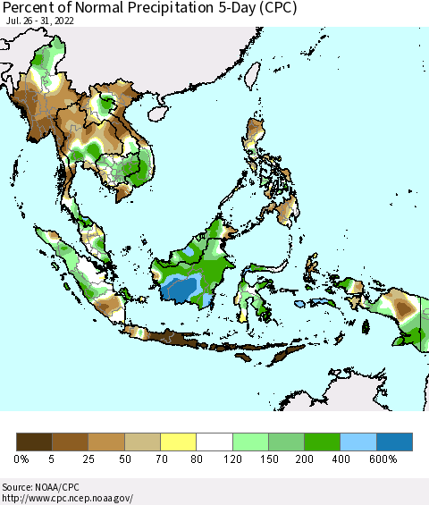 South East Asia Percent of Normal Precipitation 5-Day (CPC) Thematic Map For 7/26/2022 - 7/31/2022