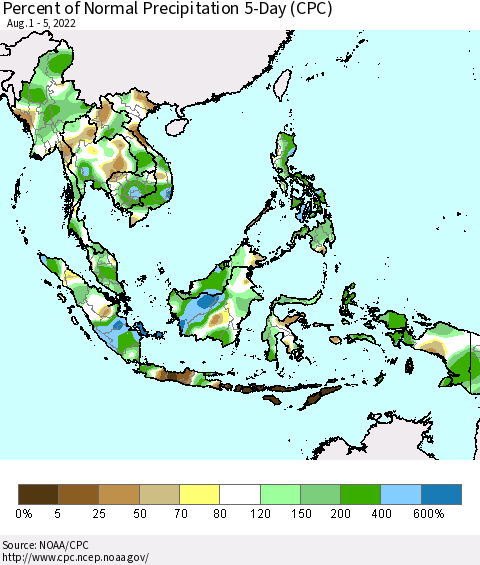 South East Asia Percent of Normal Precipitation 5-Day (CPC) Thematic Map For 8/1/2022 - 8/5/2022