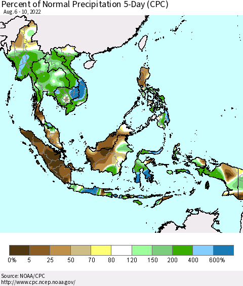South East Asia Percent of Normal Precipitation 5-Day (CPC) Thematic Map For 8/6/2022 - 8/10/2022