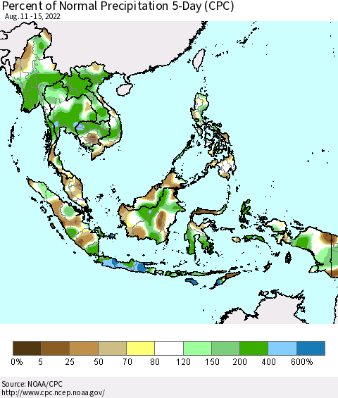 South East Asia Percent of Normal Precipitation 5-Day (CPC) Thematic Map For 8/11/2022 - 8/15/2022