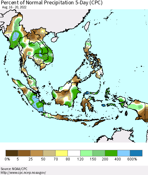 South East Asia Percent of Normal Precipitation 5-Day (CPC) Thematic Map For 8/16/2022 - 8/20/2022
