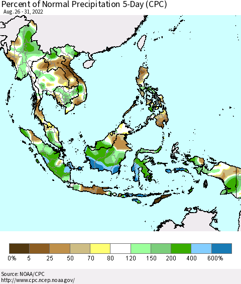 South East Asia Percent of Normal Precipitation 5-Day (CPC) Thematic Map For 8/26/2022 - 8/31/2022