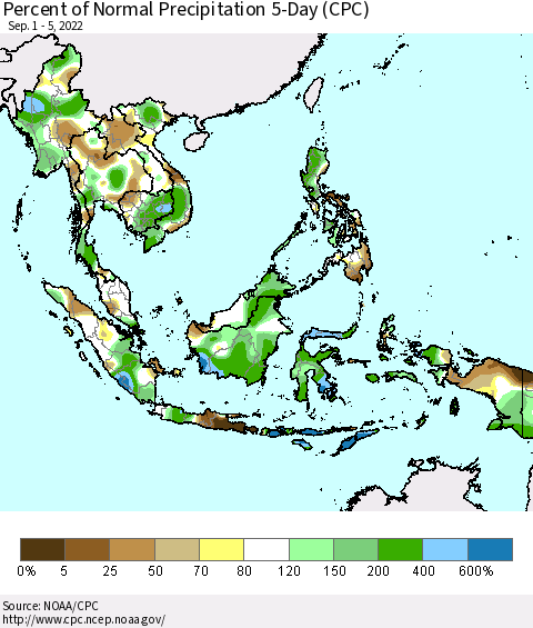 South East Asia Percent of Normal Precipitation 5-Day (CPC) Thematic Map For 9/1/2022 - 9/5/2022