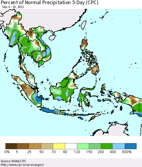 South East Asia Percent of Normal Precipitation 5-Day (CPC) Thematic Map For 9/6/2022 - 9/10/2022