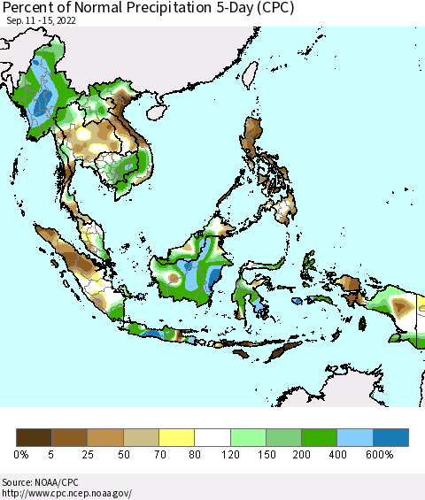 South East Asia Percent of Normal Precipitation 5-Day (CPC) Thematic Map For 9/11/2022 - 9/15/2022