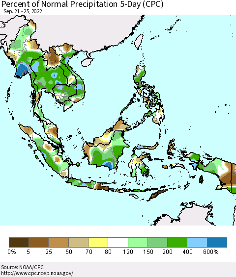 South East Asia Percent of Normal Precipitation 5-Day (CPC) Thematic Map For 9/21/2022 - 9/25/2022