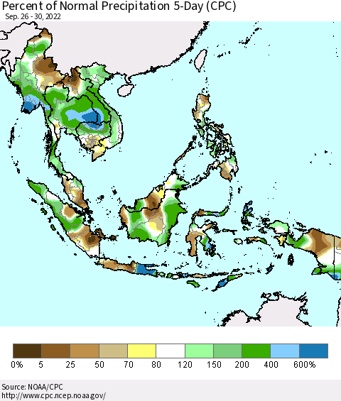 South East Asia Percent of Normal Precipitation 5-Day (CPC) Thematic Map For 9/26/2022 - 9/30/2022