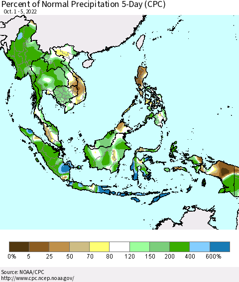 South East Asia Percent of Normal Precipitation 5-Day (CPC) Thematic Map For 10/1/2022 - 10/5/2022