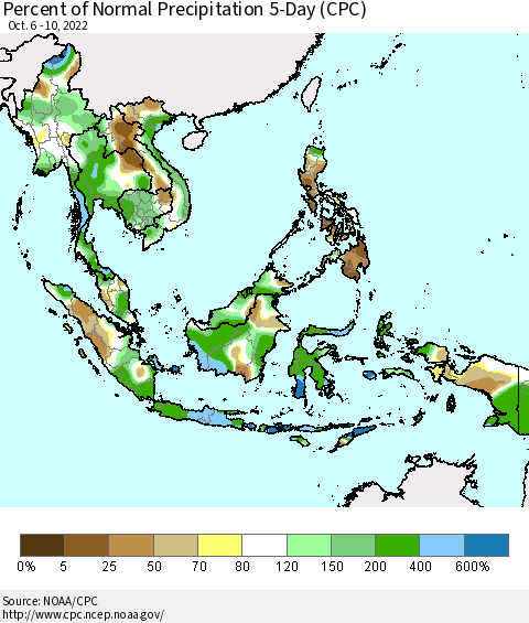 South East Asia Percent of Normal Precipitation 5-Day (CPC) Thematic Map For 10/6/2022 - 10/10/2022