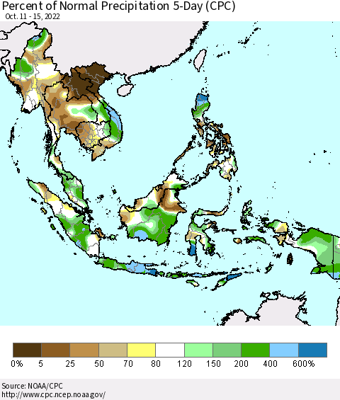 South East Asia Percent of Normal Precipitation 5-Day (CPC) Thematic Map For 10/11/2022 - 10/15/2022