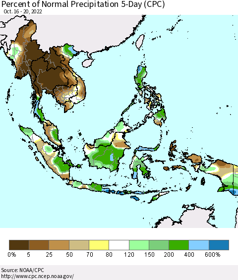 South East Asia Percent of Normal Precipitation 5-Day (CPC) Thematic Map For 10/16/2022 - 10/20/2022