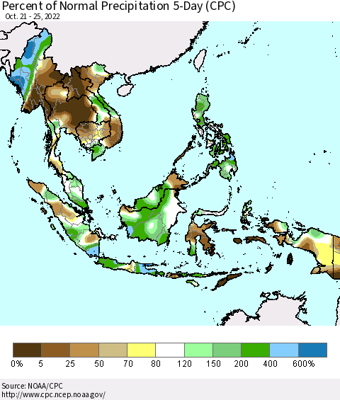 South East Asia Percent of Normal Precipitation 5-Day (CPC) Thematic Map For 10/21/2022 - 10/25/2022