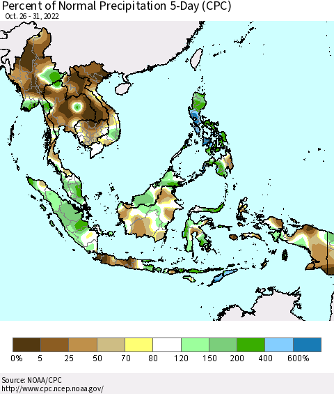 South East Asia Percent of Normal Precipitation 5-Day (CPC) Thematic Map For 10/26/2022 - 10/31/2022
