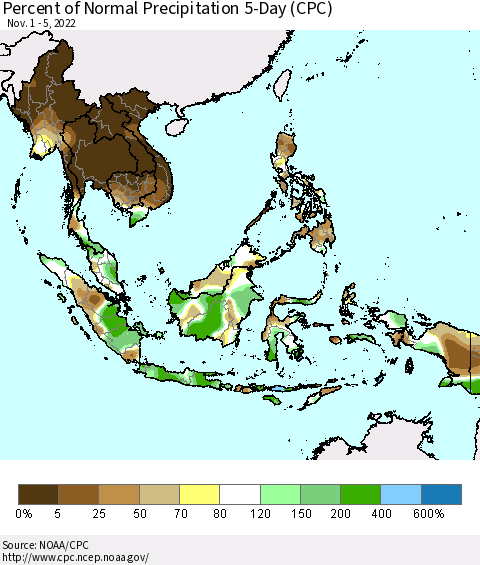 South East Asia Percent of Normal Precipitation 5-Day (CPC) Thematic Map For 11/1/2022 - 11/5/2022