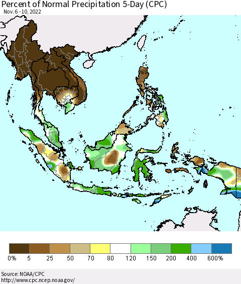South East Asia Percent of Normal Precipitation 5-Day (CPC) Thematic Map For 11/6/2022 - 11/10/2022