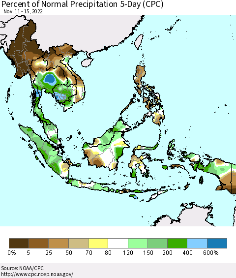 South East Asia Percent of Normal Precipitation 5-Day (CPC) Thematic Map For 11/11/2022 - 11/15/2022