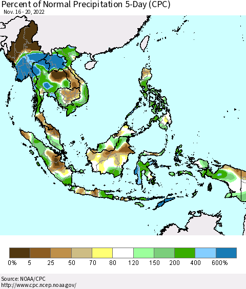 South East Asia Percent of Normal Precipitation 5-Day (CPC) Thematic Map For 11/16/2022 - 11/20/2022