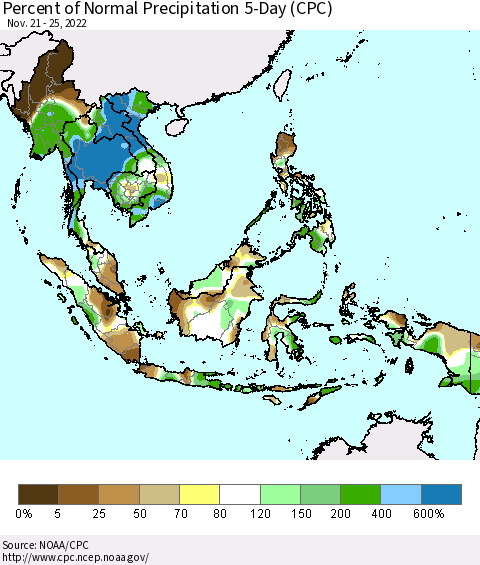 South East Asia Percent of Normal Precipitation 5-Day (CPC) Thematic Map For 11/21/2022 - 11/25/2022