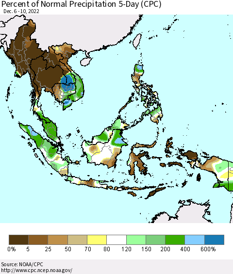 South East Asia Percent of Normal Precipitation 5-Day (CPC) Thematic Map For 12/6/2022 - 12/10/2022