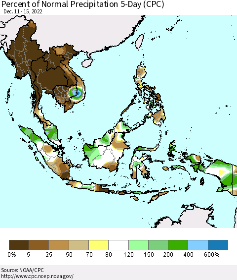 South East Asia Percent of Normal Precipitation 5-Day (CPC) Thematic Map For 12/11/2022 - 12/15/2022