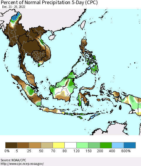 South East Asia Percent of Normal Precipitation 5-Day (CPC) Thematic Map For 12/21/2022 - 12/25/2022