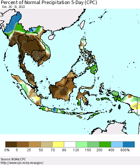 South East Asia Percent of Normal Precipitation 5-Day (CPC) Thematic Map For 12/26/2022 - 12/31/2022