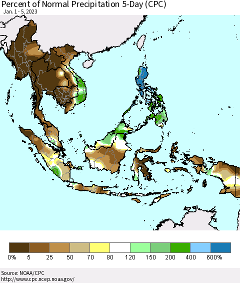 South East Asia Percent of Normal Precipitation 5-Day (CPC) Thematic Map For 1/1/2023 - 1/5/2023