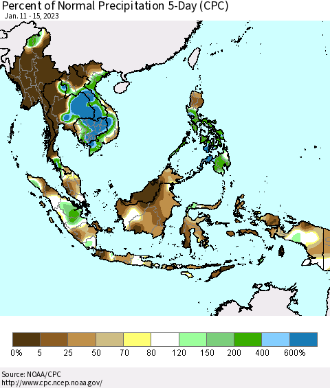 South East Asia Percent of Normal Precipitation 5-Day (CPC) Thematic Map For 1/11/2023 - 1/15/2023
