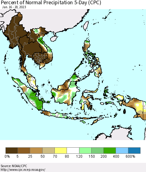 South East Asia Percent of Normal Precipitation 5-Day (CPC) Thematic Map For 1/16/2023 - 1/20/2023